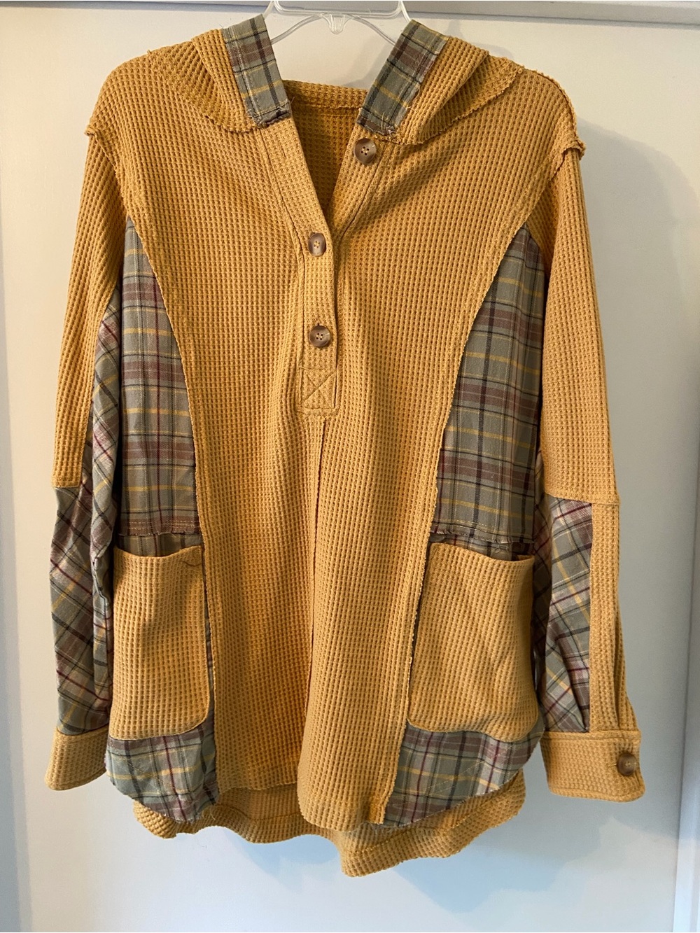 BKE Mustard Waffle Knit Hooded Pullover with Plaid Trim
